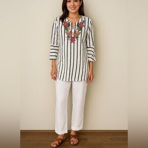 Brooks Brothers Linen Classic Striped Embroidered Tunic Bell Sleeves Size 4